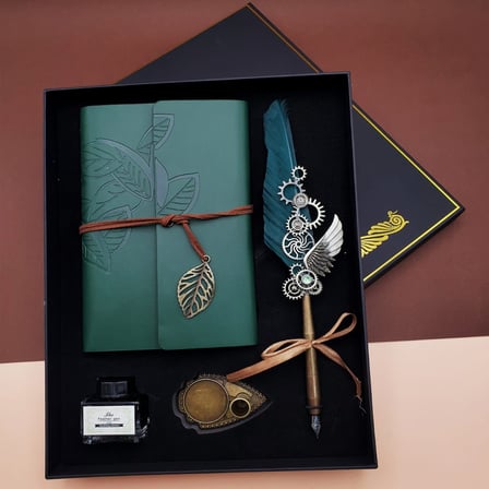 Premium Mürekkepli Divit Kalem Ve Defter Set Babaya Armağan Hatıra Defteri Yaprak Desenli