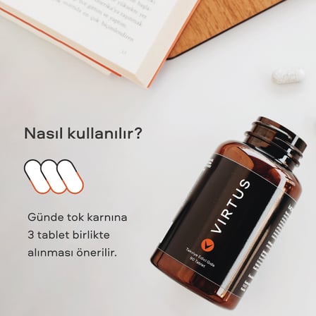 Virtus Tribulus Terrestris, Ginseng, Çemen, Boron, Çinko, Magnezyum, B12 Vitamini ve D Vitamini Takviye Edici Gıda 90 Tablet