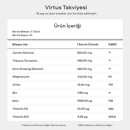 Virtus Tribulus Terrestris, Ginseng, Çemen, Boron, Çinko, Magnezyum, B12 Vitamini ve D Vitamini Takviye Edici Gıda 90 Tablet