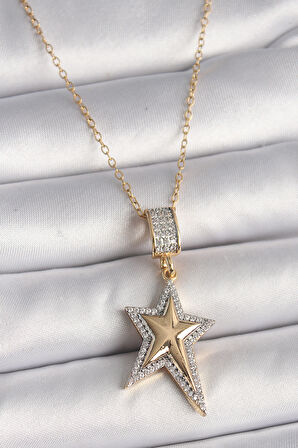 316L Çelik Gold Renk Zincir Zirkon Taşlı Yıldız Model Kadın Kolye - TJ-BKO9758