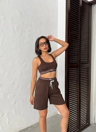 Modal Kumaş Şort ve Büstiyer Spor Takımı | Yüksek Bel Şortlu Takım