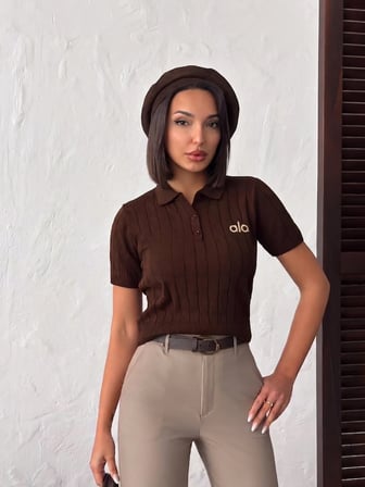 Kadın Polo Yaka Düğmeli Saç Örgü Desenli Kısa Kollu Triko Bluz