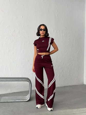 Kadın Şerit Detaylı Crop Top ve Yüksek Bel Bol Paça Pantolon İkili Takım