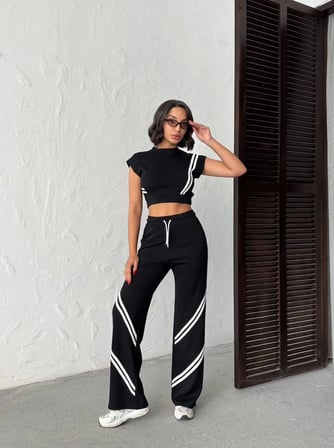 Kadın Şerit Detaylı Crop Top ve Yüksek Bel Bol Paça Pantolon İkili Takım