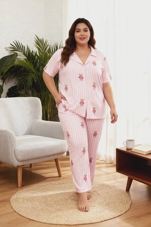 Curve Pembe Çizgili Ayıcık Desenli Gömlek Yaka Örme Pijama Takımı