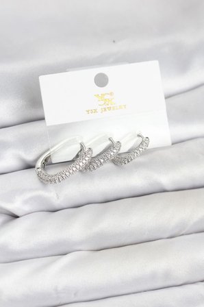 Pirinç Gümüş Renk Zirkon Taşlı Halka Model YSX Trio Küpe Seti