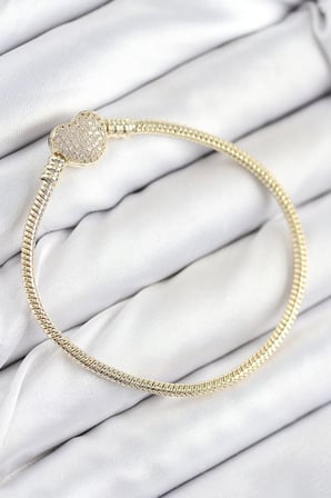 Pirinç Charm Zirkon Taşlı Kalp Model Gold Renk Kadın Bileklik