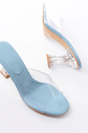 S-619 Bebe Mavi Rugan Şeffaf Bantlı Şeffaf Topuklu Yuvarlak Burunlu Kadın Terlik