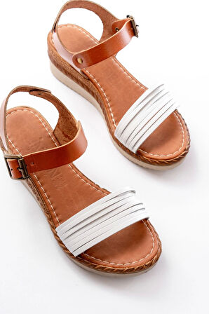 731-07 Beyaz Ortopedik Hakiki Deri Dolgu Kadın Sandalet