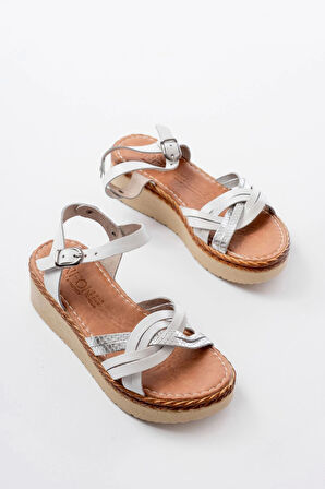 730-037 Beyaz Ayna Hakiki Deri Ortopedik Taban Kadın Sandalet