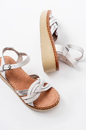 730-037 Beyaz Ayna Hakiki Deri Ortopedik Taban Kadın Sandalet