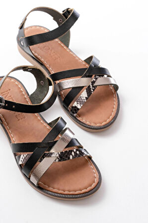 205-093 Siyah Garni Hakiki Deri Ortopedik Taban Kadın Sandalet