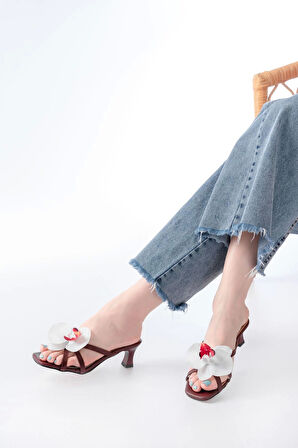 S-622 Bordo Orkide Detaylı İnce Topuklu Kadın Terlik