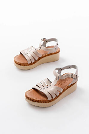 730-142 Bej Hakiki Deri Ortopedik Taban Kadın Sandalet