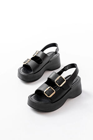 24414-572 Siyah Tokalı  Günlük Dolgu Topuk Kadın Sandalet