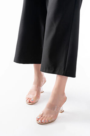 S-618 Bej Rugan Tek Bantlı Topuklu Kadın Terlik