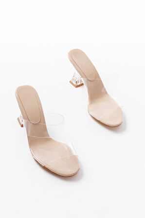 S-618 Bej Rugan Tek Bantlı Topuklu Kadın Terlik