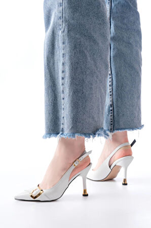 İnf-1151 Beyaz Günlük Arkası Açık Topuklu Kadın Ayakkabı