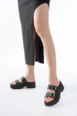 24414-574 Siyah Günlük Tokalı Dolgu Topuk Kadın Terlik