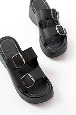 24414-574 Siyah Günlük Tokalı Dolgu Topuk Kadın Terlik