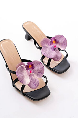 S-622 Siyah Mor Orkide Detaylı İnce Topuklu Kadın Terlik