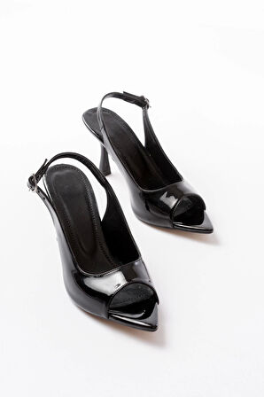 717 Siyah Rugan Sivri Burunlu Topuklu Kadın Sandalet