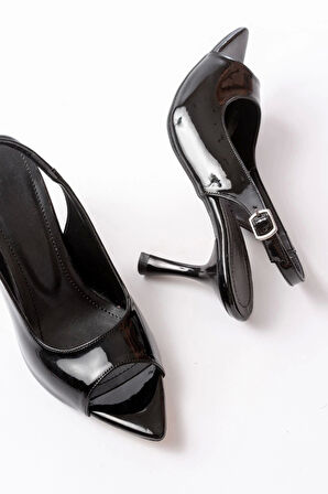 717 Siyah Rugan Sivri Burunlu Topuklu Kadın Sandalet