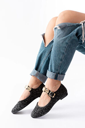 İnf-6363 Siyah Havlu Desenli Baret Tokalı Günlük Kadın Ayakkabı