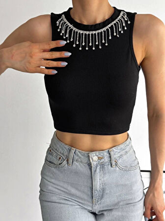 Fitilli Kaşkorse Yakası Zincirli Atlet Siyah