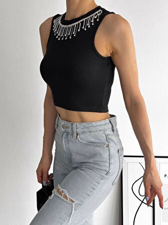 Fitilli Kaşkorse Yakası Zincirli Atlet Siyah