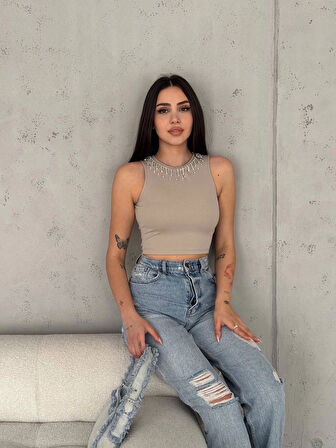 Fitilli Kaşkorse Yakası Zincirli Atlet Vizon