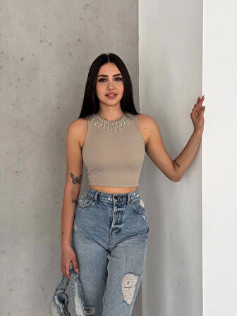 Fitilli Kaşkorse Yakası Zincirli Atlet Vizon