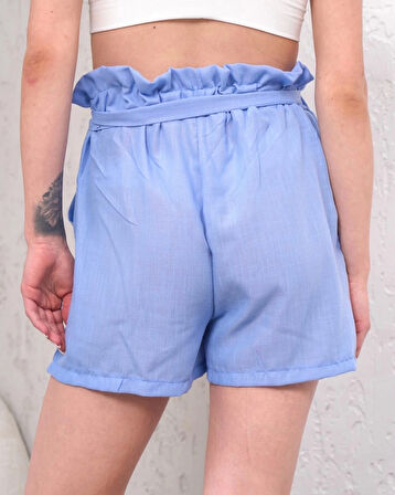 Kuşaklı Keten Şort Mavi S255265