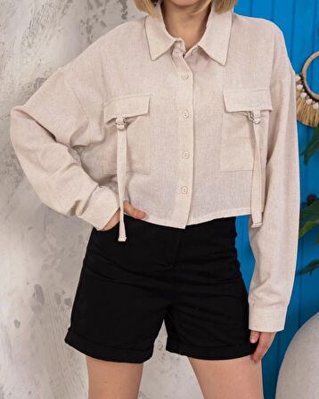 Kemer Cepli Keten Crop Gömlek Krem S255350