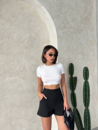 Yüksek Bel Parçalı Double Kumaş Şort S25312