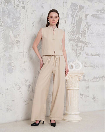 Broşlu Yelek Pantolon Takım Bej S255821