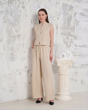 Broşlu Yelek Pantolon Takım Bej S255821