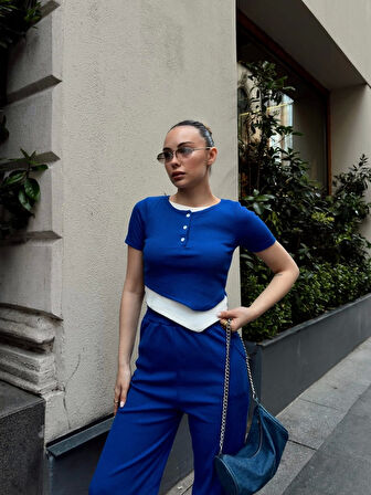 Düğme Yakalı Saks Alt Üst Takım S3943