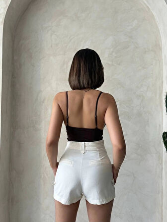 Kemer Detaylı Gabardin Şort Krem S25289