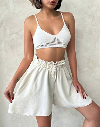 Volanlı Keten Şort Bej S255058