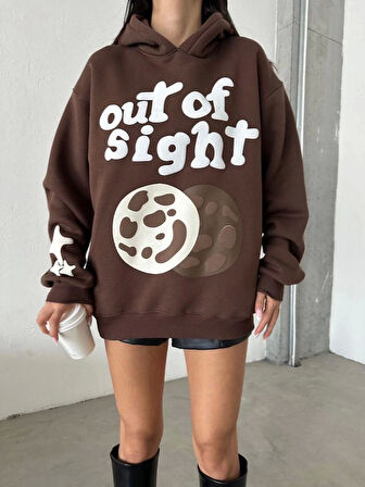 3 İplik Şardonlu Oversize Compact Out Of Baskılı Sweat Kahve