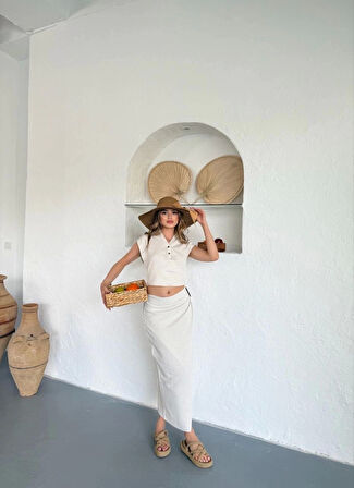 Uzun Etekli Bluz Takım Keten Krem S255852