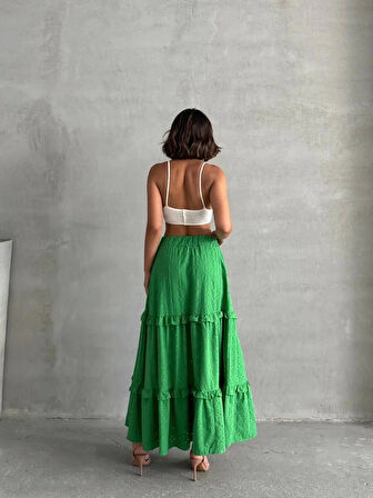 Fırfırlı Brodeli Astarlı Uzun Etek Yeşil S255047
