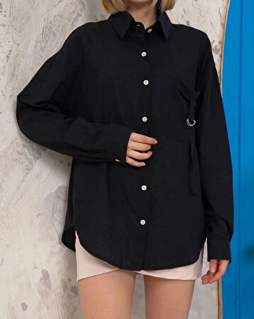 Relax Fit Keten Gömlek Siyah S255349