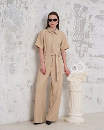 Kuşaklı Gömlek Yaka Salaş Tulum Bej S255822