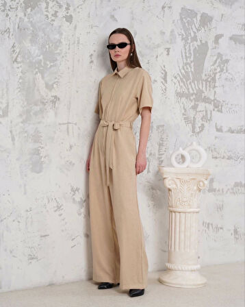 Kuşaklı Gömlek Yaka Salaş Tulum Bej S255822