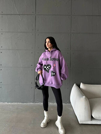 3 İplik Şardonlu Oversize Compact True Baskılı Sweat Mor