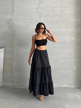 Fırfırlı Brodeli Astarlı Uzun Etek Siyah S255047