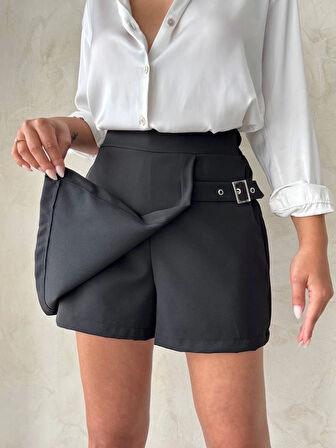 Kadın Tokalı Şort Etek Siyah S25449