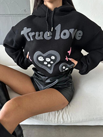 3 İplik Şardonlu Oversize Compact True Baskılı Sweat Siyah